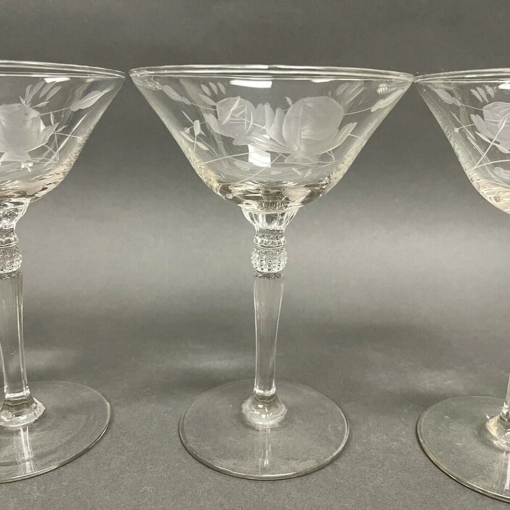 Vintage Wine Glass Glasses Clear Etched Roses Floral 6